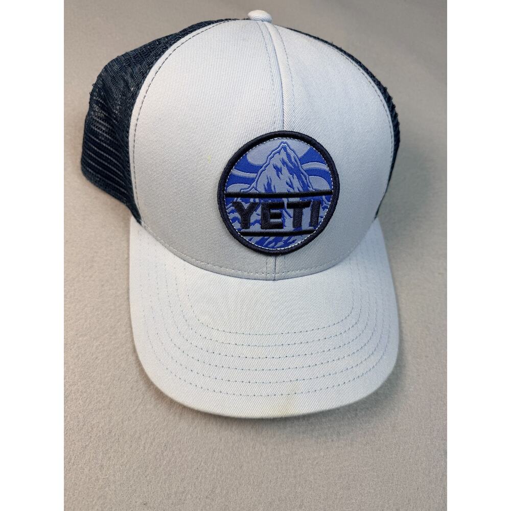 YETI Mountain Patch Trucker Hat Gray Navy Mesh Snapback Built for the Wild